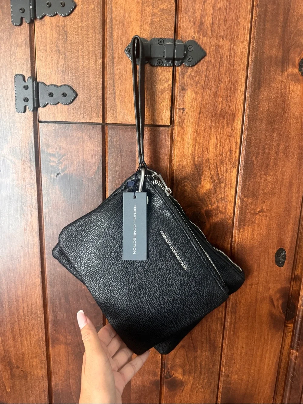 French Connection Black Pebbled Leather Double-Zip Wristlet
